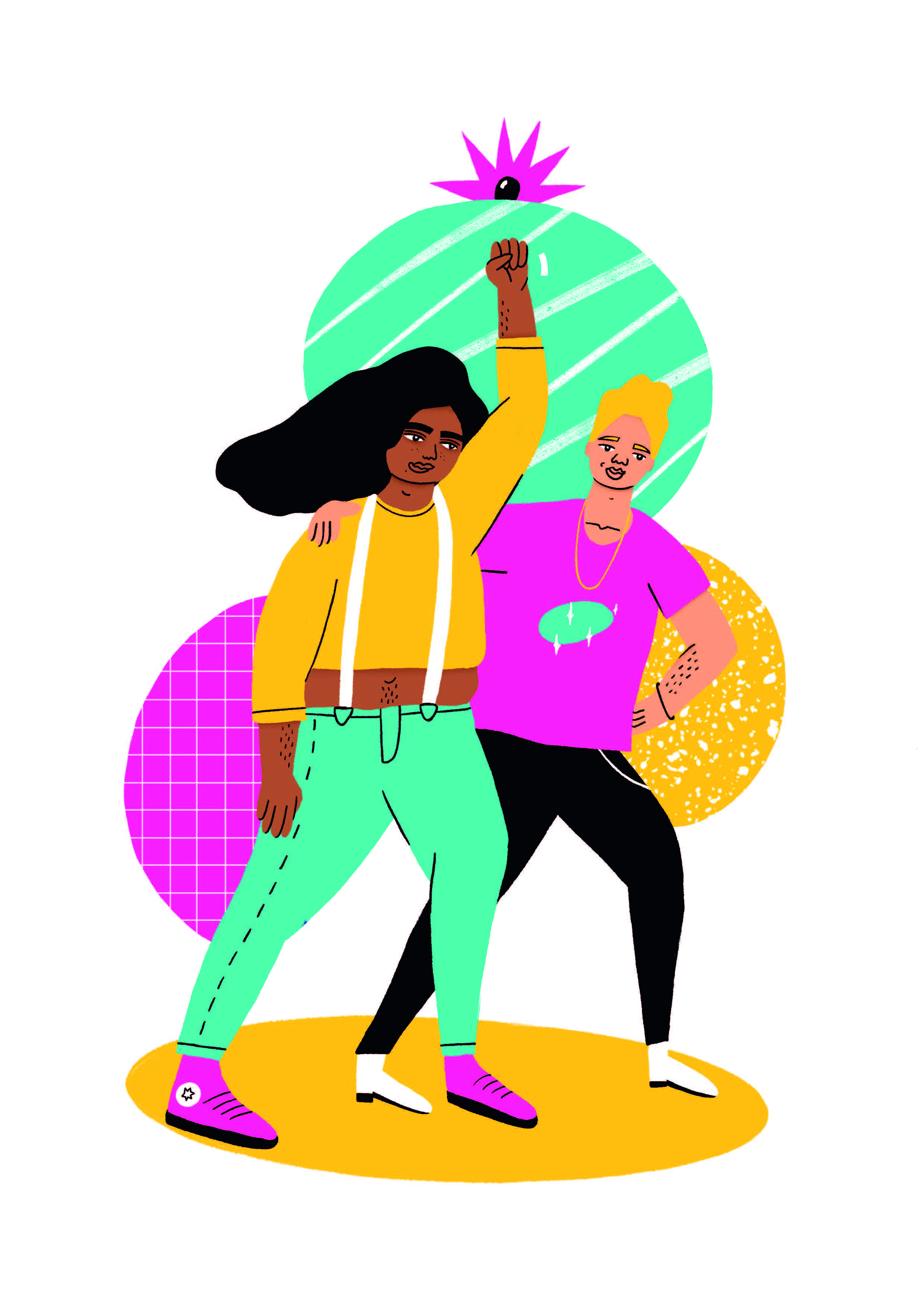 Illustration in bunten Farben, von zwei Personen die energisch voranschreiten. Die eine Person hat lange schwarze Haare und ist als Person of Color lesbar. Sie schaut geradezu in ihr Laufrichting. Sie hebt einen Arm über den Kopf, die Hand zur Faust geballt. Die zweite Person hat einen Arm um sie gelegt und blickt uns als Betrachtende entgegen. Sie geht in die selbe Richtung wie die erste Person. Beide tragen bunte Kleidung und sind von Farbkreisen umgeben. Die Gesamtwirkung ist zuversichtlich-energisch.