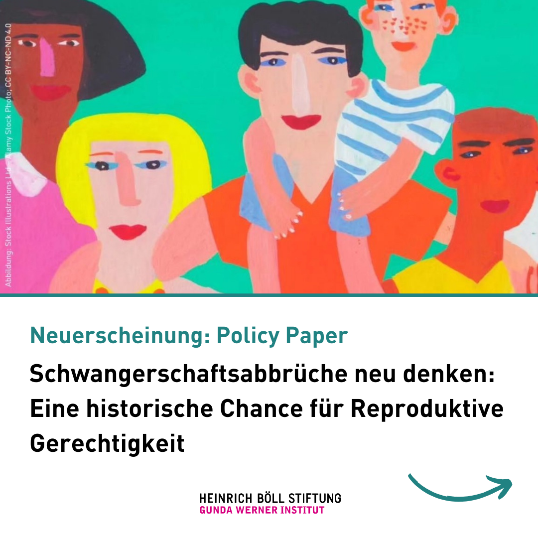 Bunte, farbige Darstellung von verschiedenen Personen in graphischer comic-artiger Weise. Unten im Bild steht geschrieben: Policy Paper - Eizellabgabe und Leihschwangerschaft
