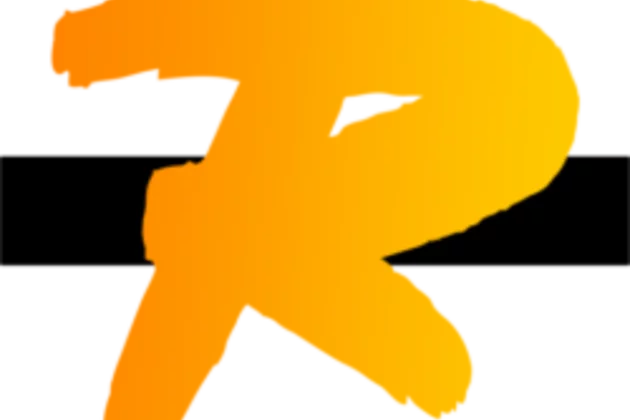 Gelber großes R. Im Hintergrund ein schwarzer horizontaler Balken.