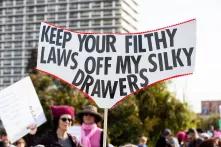 Women's March Oakland 2019, sign with caption  "Keep your filthy laws off my silky drawers"