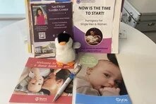 Es wird ein Tisch dargestellt mit Infomaterial der Kinderwunschmesse. In der Mitte liegt ein Kuscheltier und rundherum Flyer mit Slogans wie "Now is the time to start!" und glücklichen Säuglingen und Eltern.