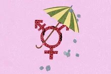 Gendersymbol aus bröckelnder Mauer und Schirm, der vor fliegenden Steinen schützt.