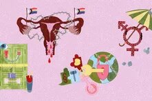 Vor rosa Grund sind handgefertigte Farbzeichnungen von einer dreifach abgeschlossenen Tür, einem Uterus mit queerer Flagge mit Stacheldraht umzäunt, ein Gender-Symbol unter einem Regenschirm, eine umkettete Weltkugel hinter Schloss und Riegel.
