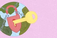 Illustration: Vor rosa Grund ist eine Weltkugel mit Ketten umspannt, ein Schlüssel öffnet soeben das Schloss der Ketten.