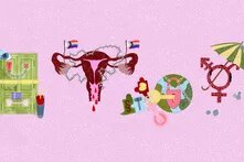 Illustration: Vor rosa Grund sind vier Bildgruppen versammelt: Ein blutender Uterus mit Stacheldraht und Progress-Flab; eine vierfach verriegelte Tür die mit Kamera überwacht wird; eine umkettete Weltkugel die von einem Schlüssel mit Paragraphenzeichen abgeschlossen wird, und ein gemauertes transgenderzeichen über dem ein Regenschirm gespannt ist.
