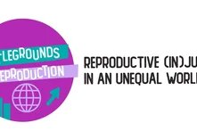 Titel "Battlegrounds of Reproduction" auf kreisrundem, magentafarbenem Hintergrund. Rechts daneben die Beschreibung "Reproductive (In)Justice in an unequal world" vor weißem Hintergrund.