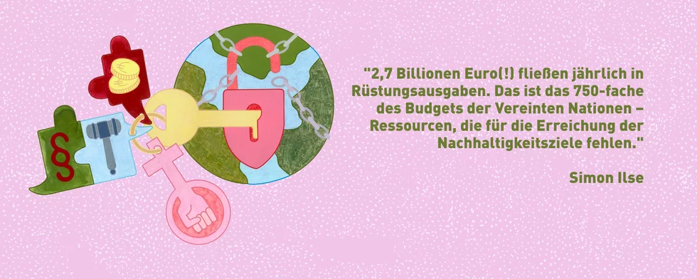 Illustration: Vor rosa Grund ist eine Tür dargestellt. Daneben ist ein Zitat: 