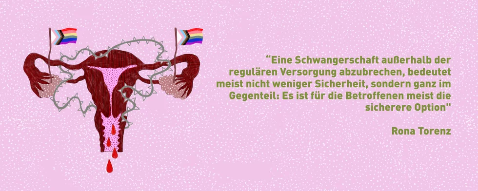 Illustration: Vor rosa Grund ist eine Tür dargestellt. Daneben ist ein Zitat: 
