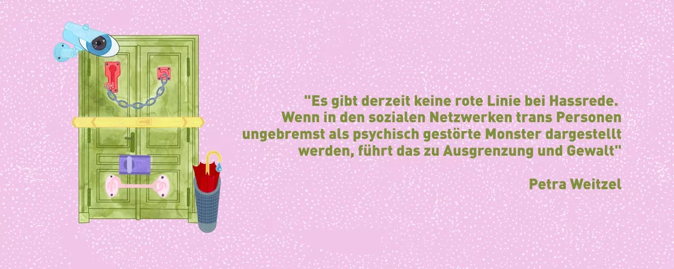 Illustration: Vor rosa Grund ist eine Tür dargestellt. Daneben ist ein Zitat: 