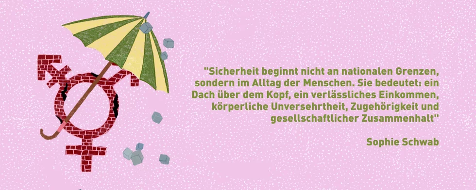 Illustration: Vor rosa Grund ist eine Tür dargestellt. Daneben ist ein Zitat: 