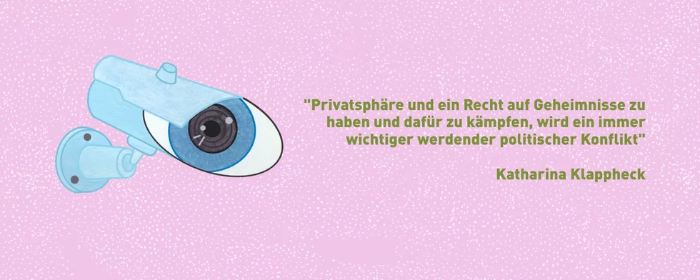 Illustration: Vor rosa Grund ist eine Tür dargestellt. Daneben ist ein Zitat: 