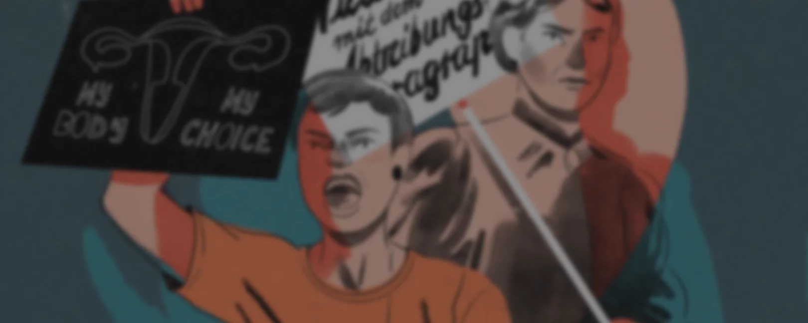 Illustration mit zwei Personen, die Protestschilder gegen den §218 halten