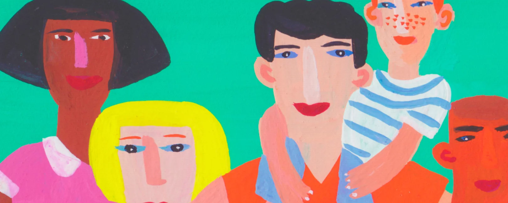 Bunte, farbige Darstellung von verschiedenen Personen in graphischer comic-artiger Weise. Unten im Bild steht geschrieben: Policy Paper - Eizellabgabe und Leihschwangerschaft