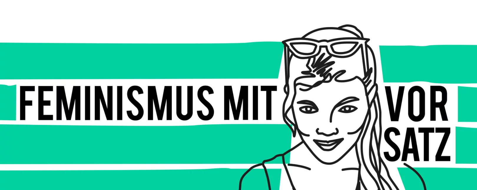 Eine vereinfachte Linienform einer jungen weiblich gelesenen Person umgeben von mintgrüne Streifen und den Titeln 