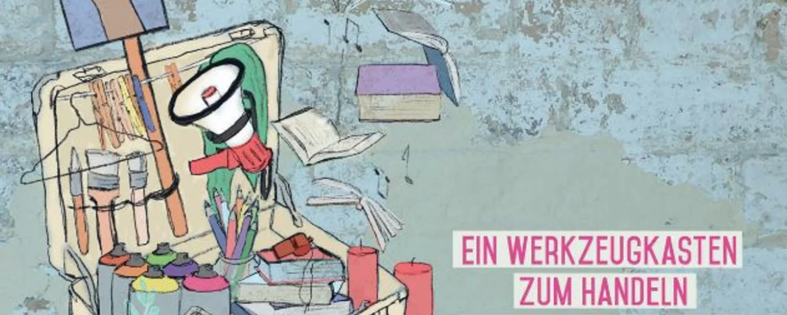 Publikationsinfos mit Hintergrundillustration : Hintergrund graue Mauer, vorne links ein Koffer mit Untensilien für Demos, z. B. Megafon, Plakate, Farbspühdosen etc.
