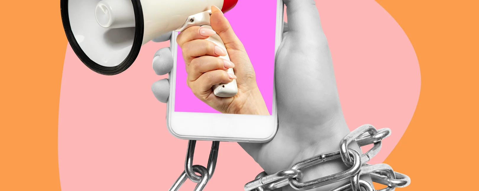 Orangener Hintergrund, darin eine pinke Form und eine Hand in Graustufen mit einer Kette um das Handgelenk. In der Hand ein Handy, das eine Hand mit Megafon in Farbe zeigt.