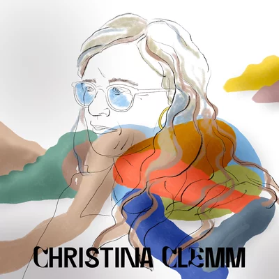Christina Clemm in einer Zeichnung dargestellt mit bunten Flecken im Aquarellstil.