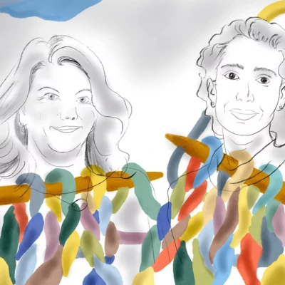 Links im Bild wird in einer tuscheartigen Zeichnung Ines Kappert und rechts Caroline Assad dargestellt. Im Vordergrund wird buntes Garn mit Stricknadeln dargestellt..
