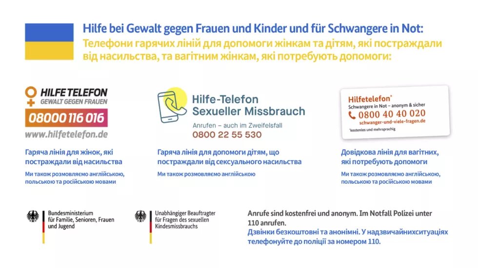 Übersicht über Hilfstelefone für Frauen, Kinder und Schwangere in Not in den Sprachen Deutsch und Ukrainisch