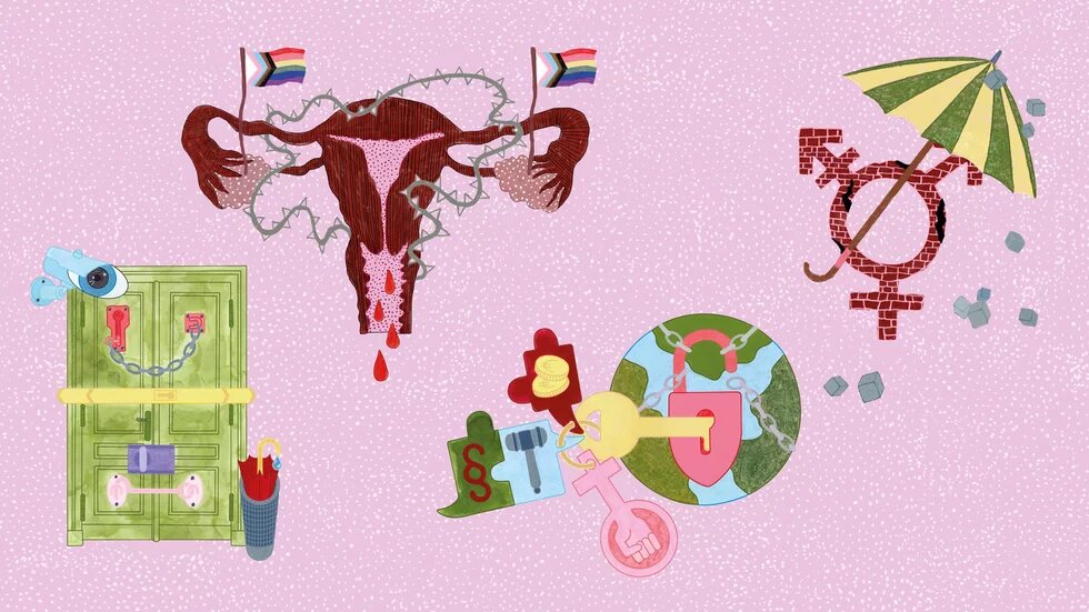 Vor rosa Grund sind handgefertigte Farbzeichnungen von einer dreifach abgeschlossenen Tür, einem Uterus mit queerer Flagge mit Stacheldraht umzäunt, ein Gender-Symbol unter einem Regenschirm, eine umkettete Weltkugel hinter Schloss und Riegel.