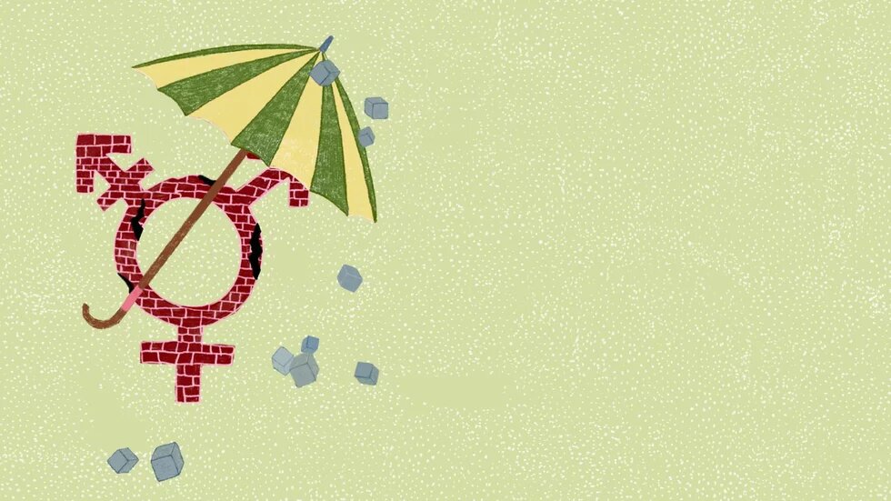 Auf grünem Hintergrund wird ein Gendersymbol aus brüchiger Ziegelwand von einem Schirm vor fliegenden Steinen geschützt.