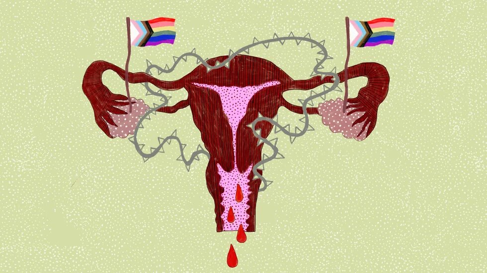 Illustration: Vor grünem Grund ist ein blutender Uterus mit zwei Progressiv-Queerflaggen.