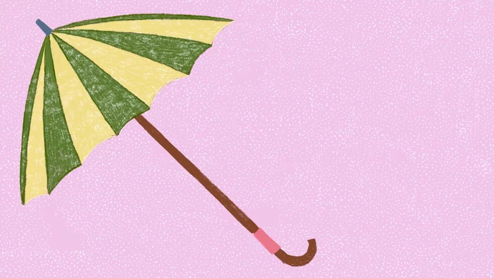 Illustration: Vor rosa Grund ist ein ist ein grüngelber Schirm.