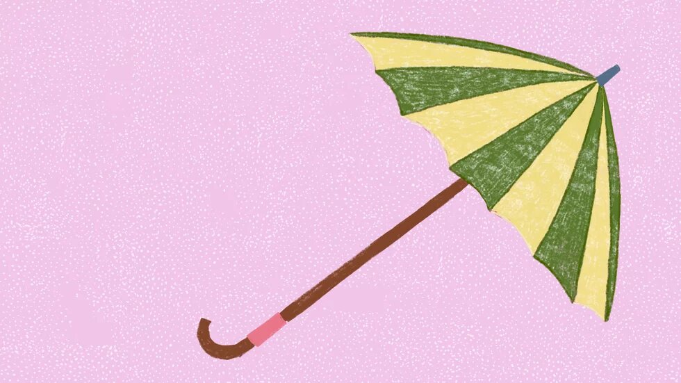 Illustration: Vor rosa Grund ist ein ist ein grüngelber Schirm.