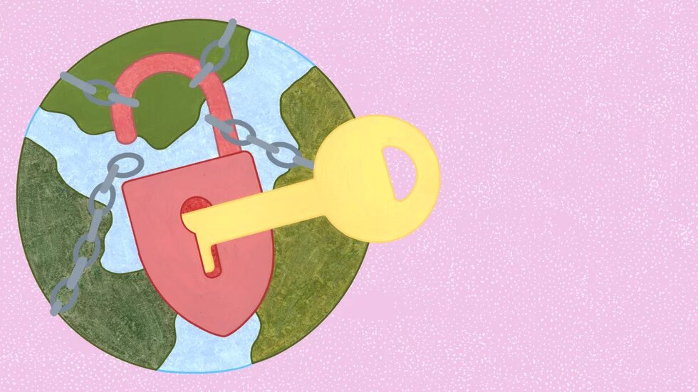 Illustration: Vor rosa Grund ist eine Weltkugel mit Ketten umspannt, ein Schlüssel öffnet soeben das Schloss der Ketten.