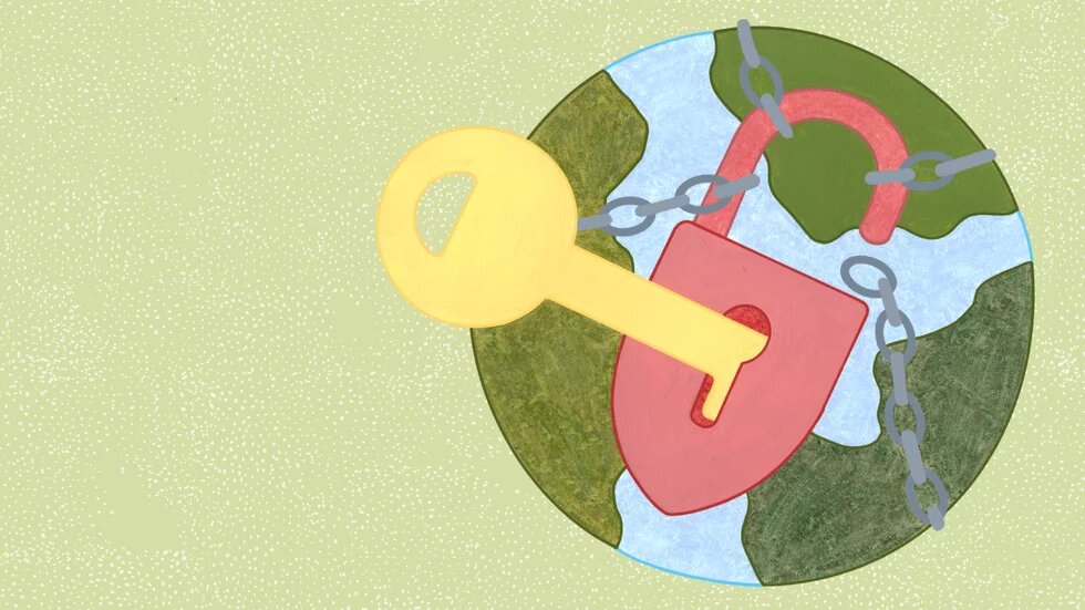 Illustration: Vor grünem Grund ist eine Weltkugel mit Ketten umspannt, ein Schlüssel öffnet soeben das Schloss der Ketten.