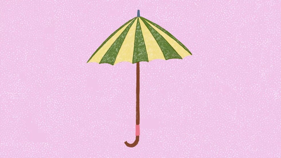 Illustration: Vor rosa Grund ist ein ist ein grüngelber Schirm.