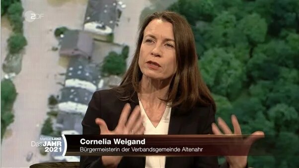Cornelia Weigand vor Leinwand zu sehen, Hintergrund ist das Ahrtal von oben
