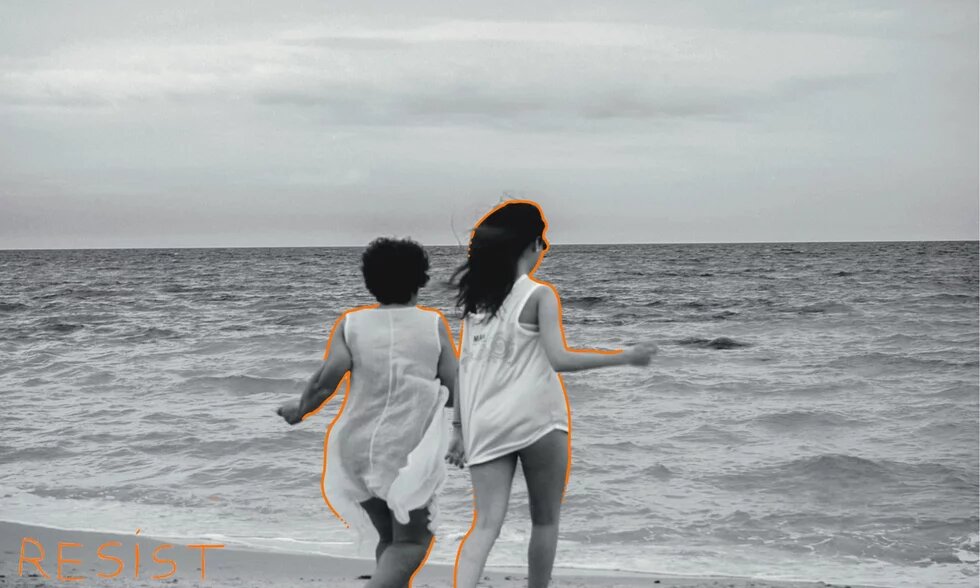 Photo: Two people run toward the sea on the beach. They are shown in black and white with orange outlines. "RESIST" is written in the bottom left.