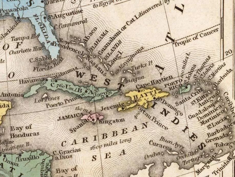 Antillische Gegenwartsliteraturen Alte englische Karte der Karibischen See