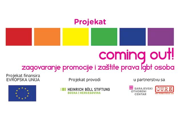 LGBT - Awareness-raising and supporting campaign in Bosnia-Herzegovina six squares in rainbow-colours plus the Logos of the cooperators and the main sponsor- EU