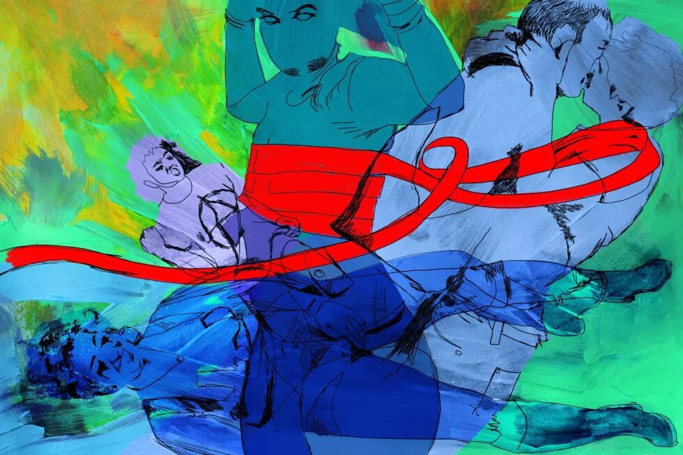 Zeichung/Aquarell: Einer Person werden die brüste abgebunden