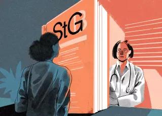 Illustration zwei Personen. Zwischen ihnen steht ein übergroßes StG