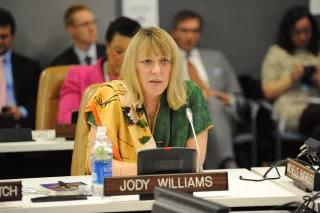 Nobel Peace Laureate Jody Williams speaks at the high-level event "Preventing Sexual Violence and Gender-based Crimes in Conflict and Securing Justice for Survivors" Jody Williams