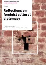 The cover of Reflections on feminist cultural diplomacy shows a brown mural with a white rectangle. In the left corner the title is placed.