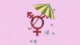 Gendersymbol aus bröckelnder Mauer und Schirm, der vor fliegenden Steinen schützt.