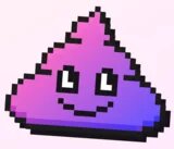 Eine pixelige Illustration eines lila-pink und verzückt grinsenden Kackhaufens vor blassrosa Grund