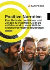 Drei männlich gelesene Personen Lachen eng zusammen im Sonnenschein. Konzentrische gelbe Kreise vermitteln die graphisch den selben Eindruck und heben die Überschrift hervor.