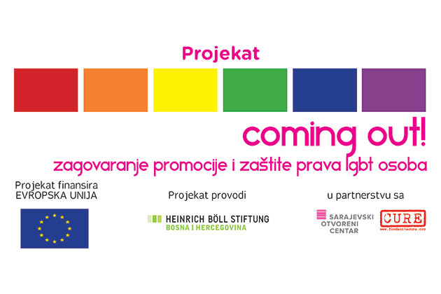 LGBT - Awareness-raising and supporting campaign in Bosnia-Herzegovina six squares in rainbow-colours plus the Logos of the cooperators and the main sponsor- EU
